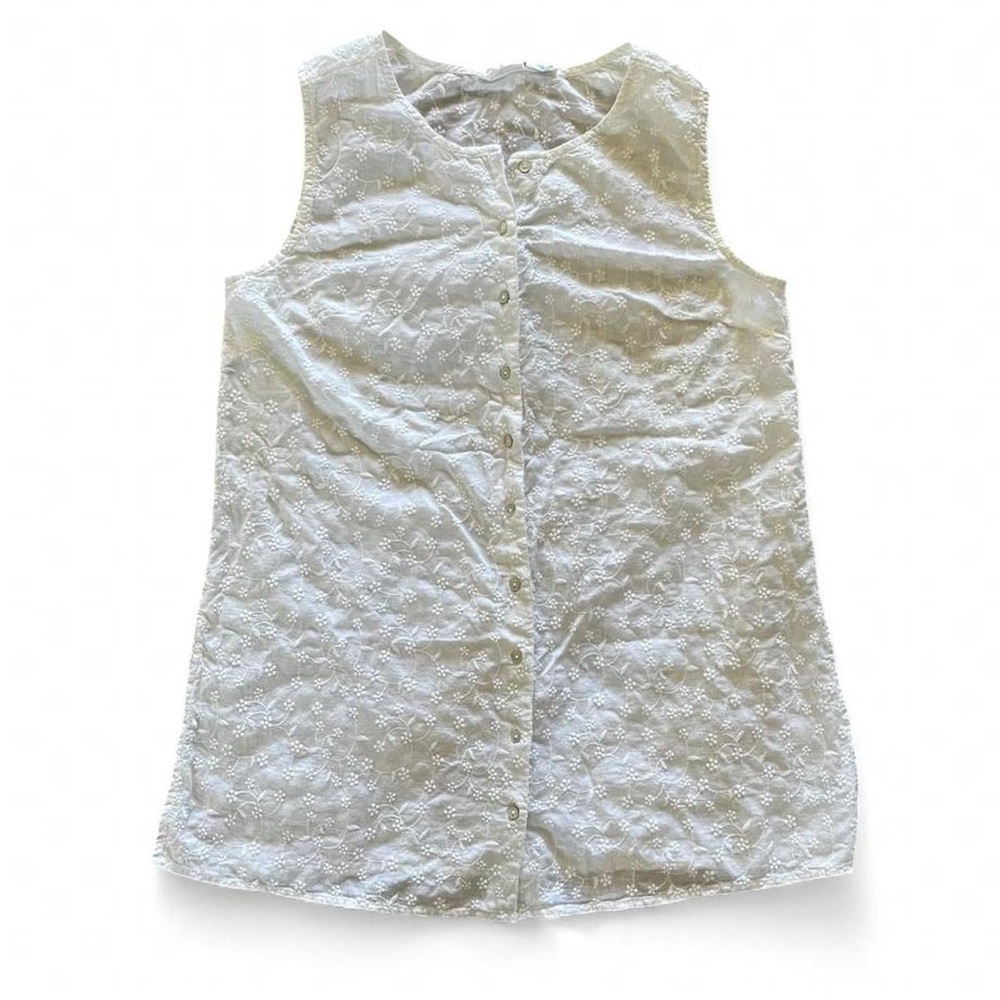 Sigrid Olsen White Eyelet Cottage Prairie  Textured Sleeveless Tunic Blouse